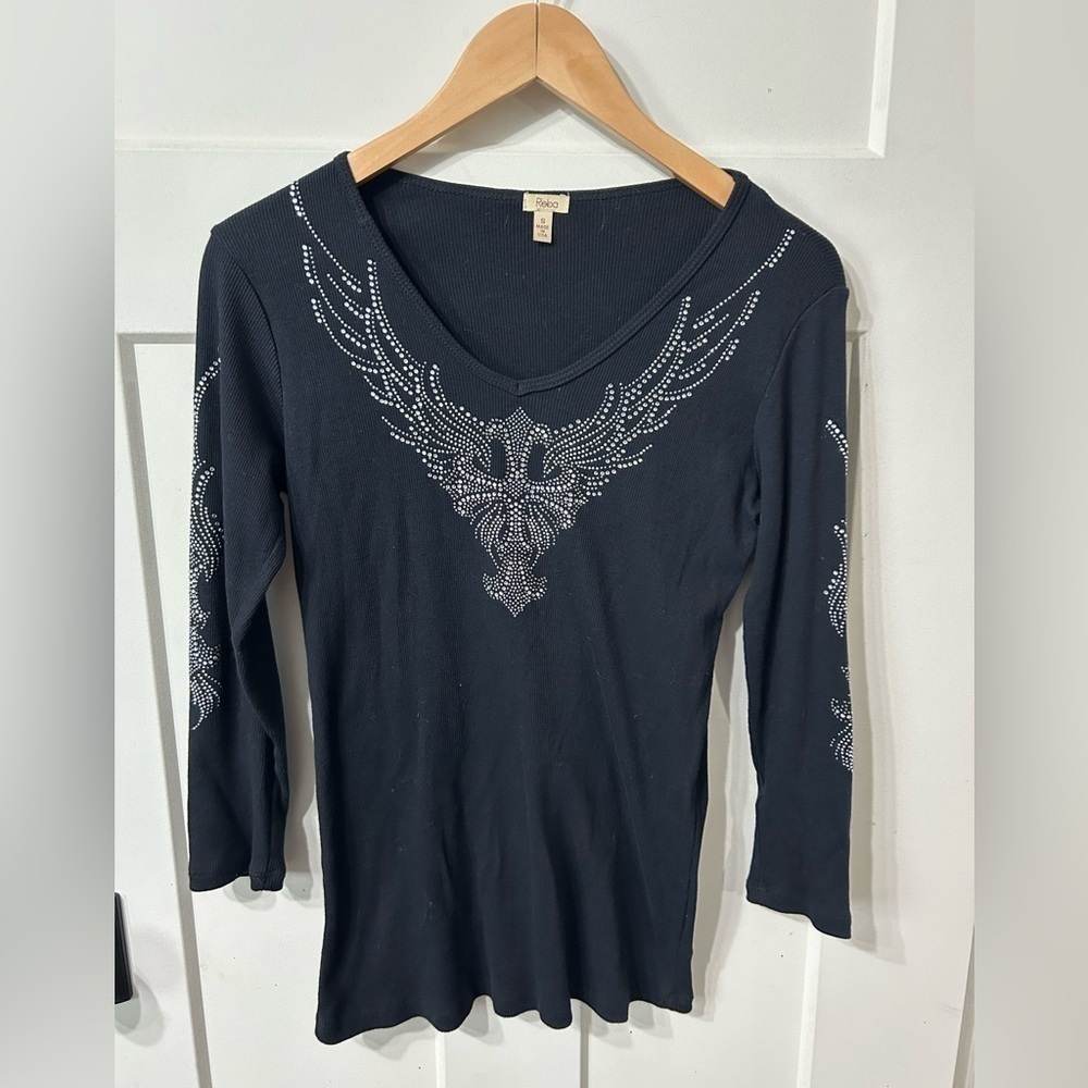 Y2K 90s black V-neck bling rhinestone embellishment neckline Reba